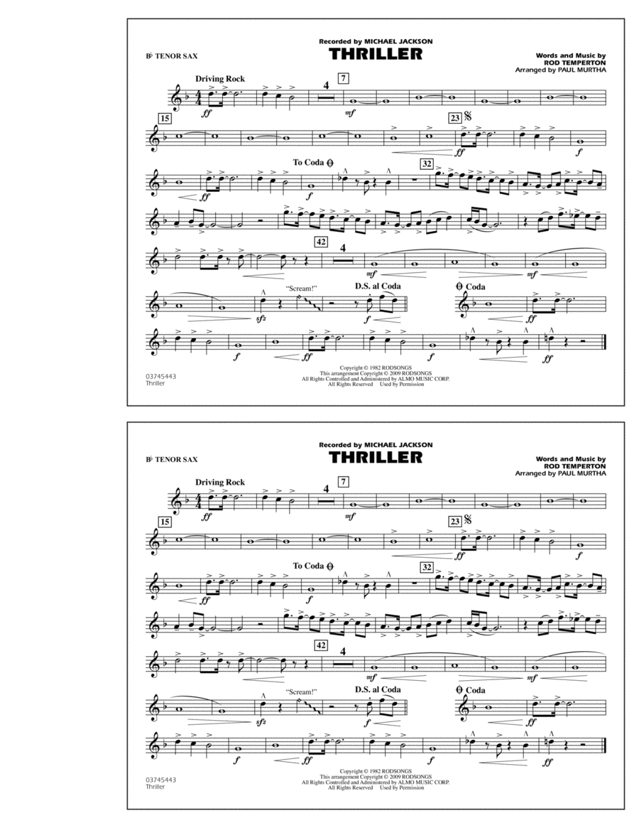 Thriller - Bb Tenor Sax Thriller - Bb Tenor Sax Marching Band scores gallery preview page 1