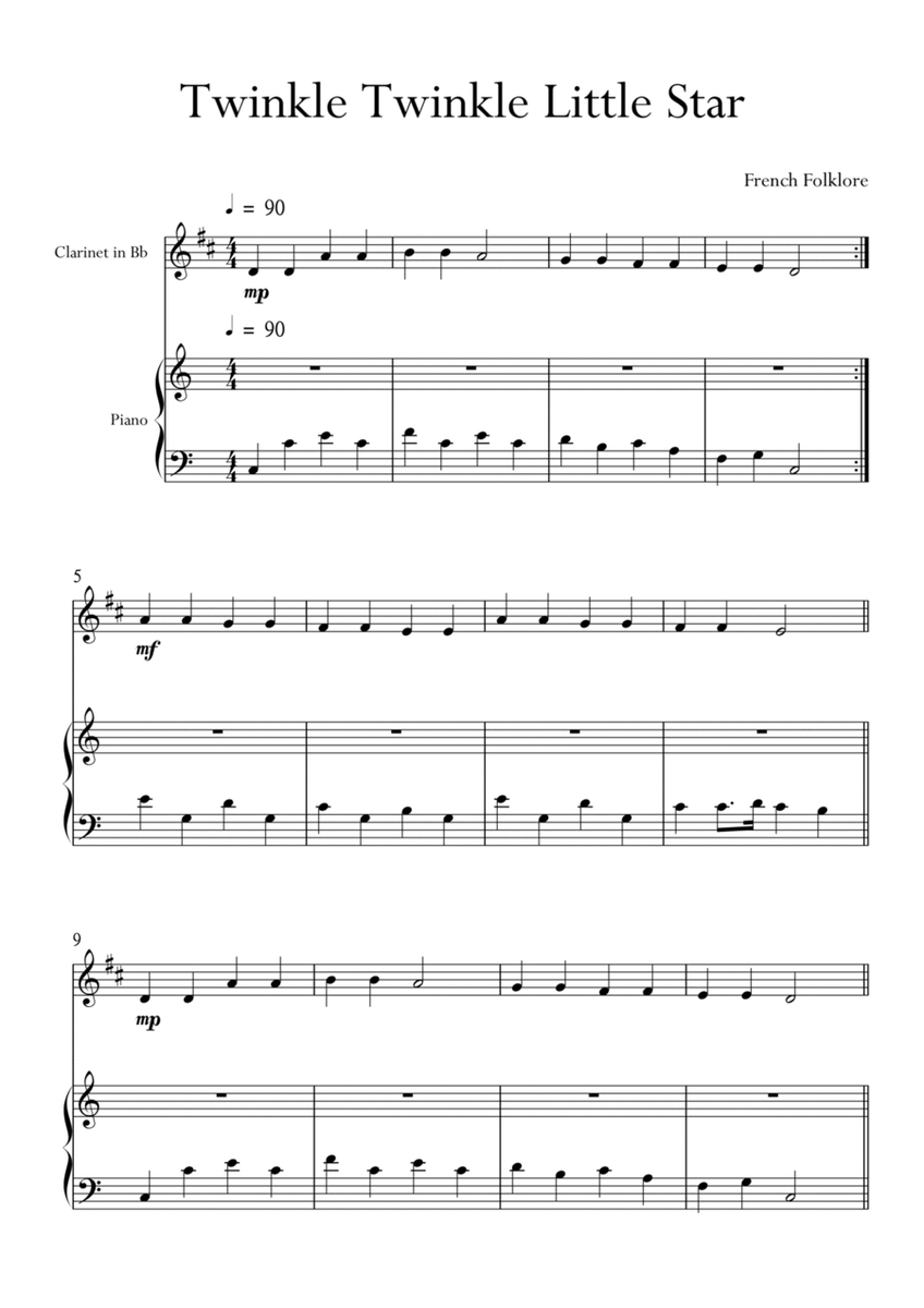 Twinkle Twinkle Little Star for Clarinet and Piano in C Major. Very Easy. image number null