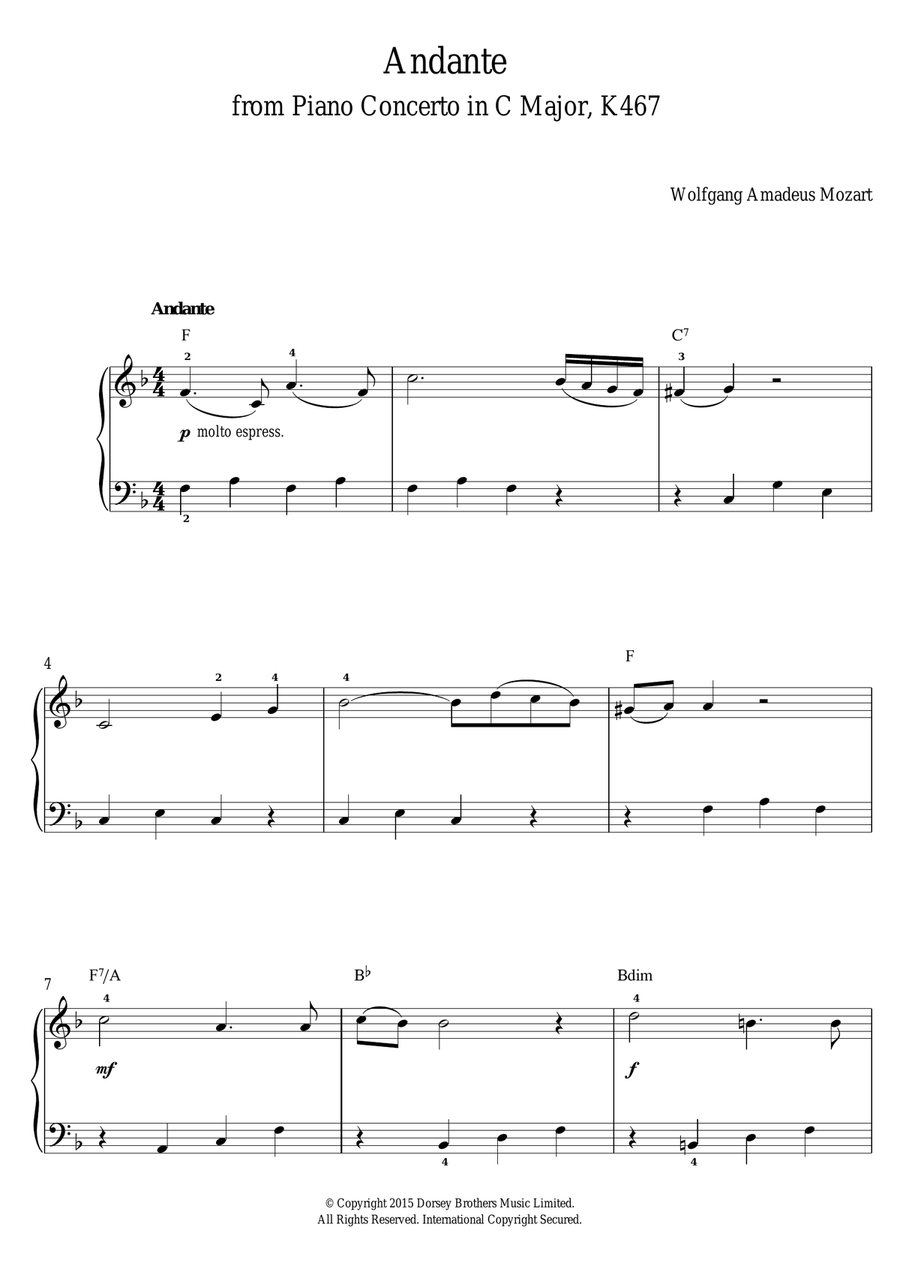 Andante from Piano Concerto in C Major (Elvira Madigan) K467 Piano, Vocal, Guitar scores gallery preview page 1