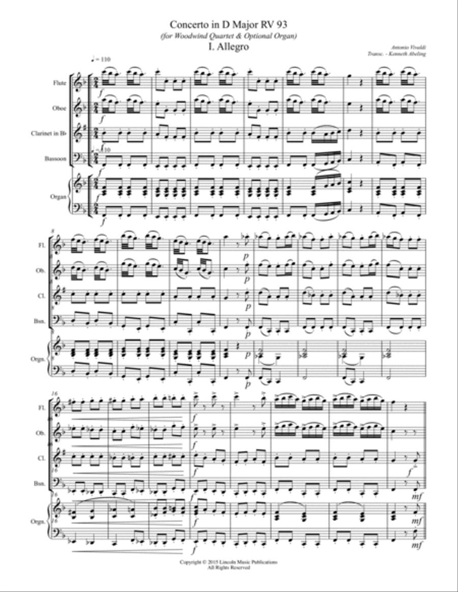 Vivaldi - Concerto in D Major RV 93 (for Woodwind Quartet and Optional Organ) Woodwind Quartet scores gallery preview page 2