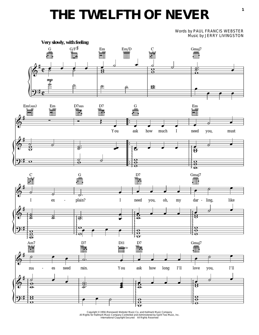 The Twelfth Of Never Piano, Vocal, Guitar scores gallery preview page 1