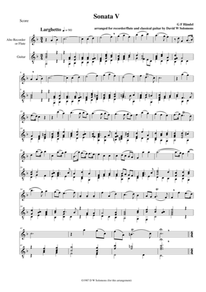 Book cover for Sonata V for flute or alto recorder and guitar