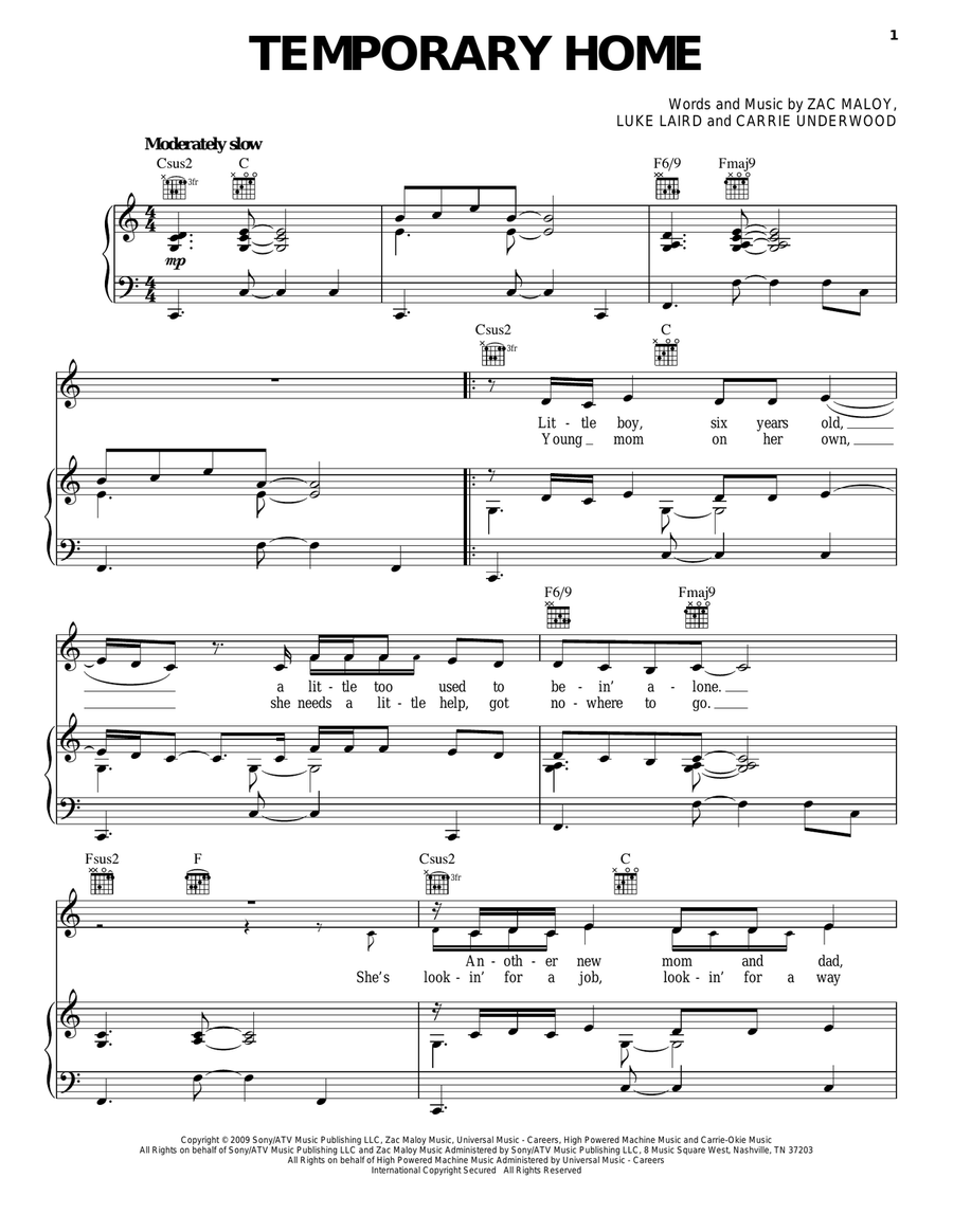 Temporary Home Piano, Vocal, Guitar scores gallery preview page 1
