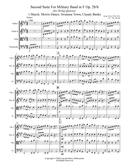 Holst - Second Suite for Military Band in F (for String Quartet) image number null