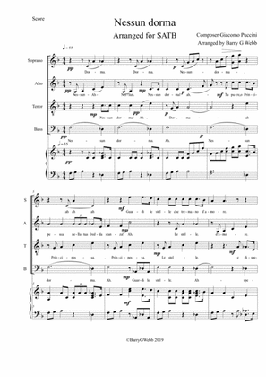 Nessun Dorma. Puccini arranged for Choir SATB and Piano