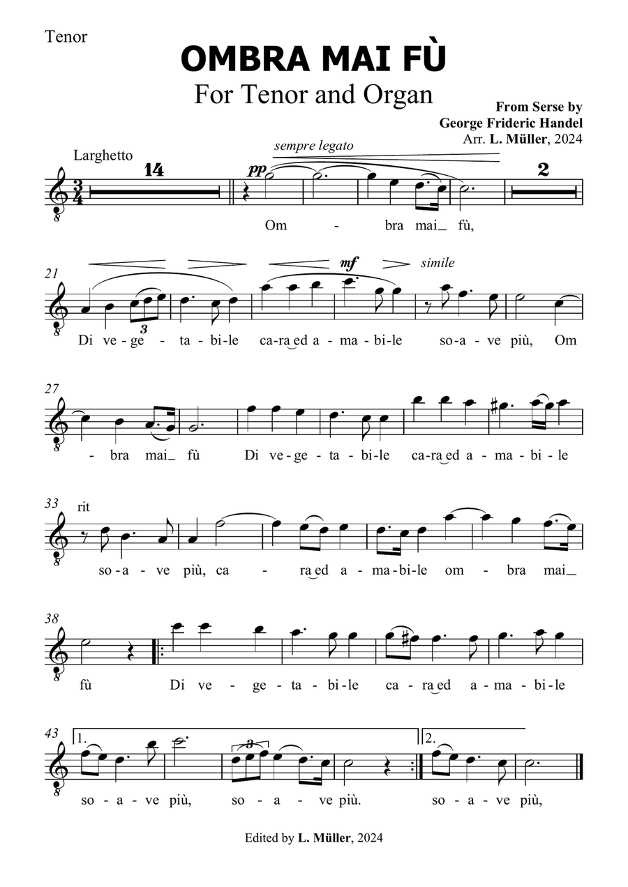 Book cover for Ombra Mai Fù - G. F. Handel - for Contralto Solo with Accompaniment in C Major