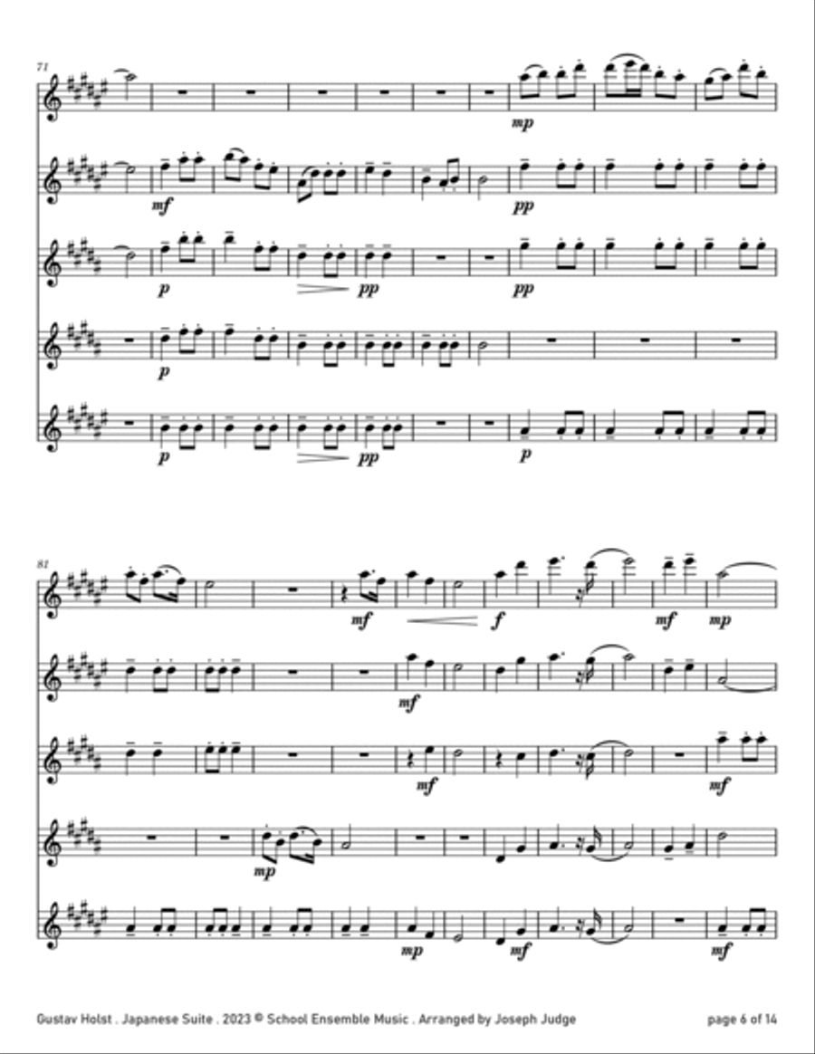 Japanese Suite by Holst for Saxophone Quintet in Schools Saxophone Quintet scores gallery preview page 6