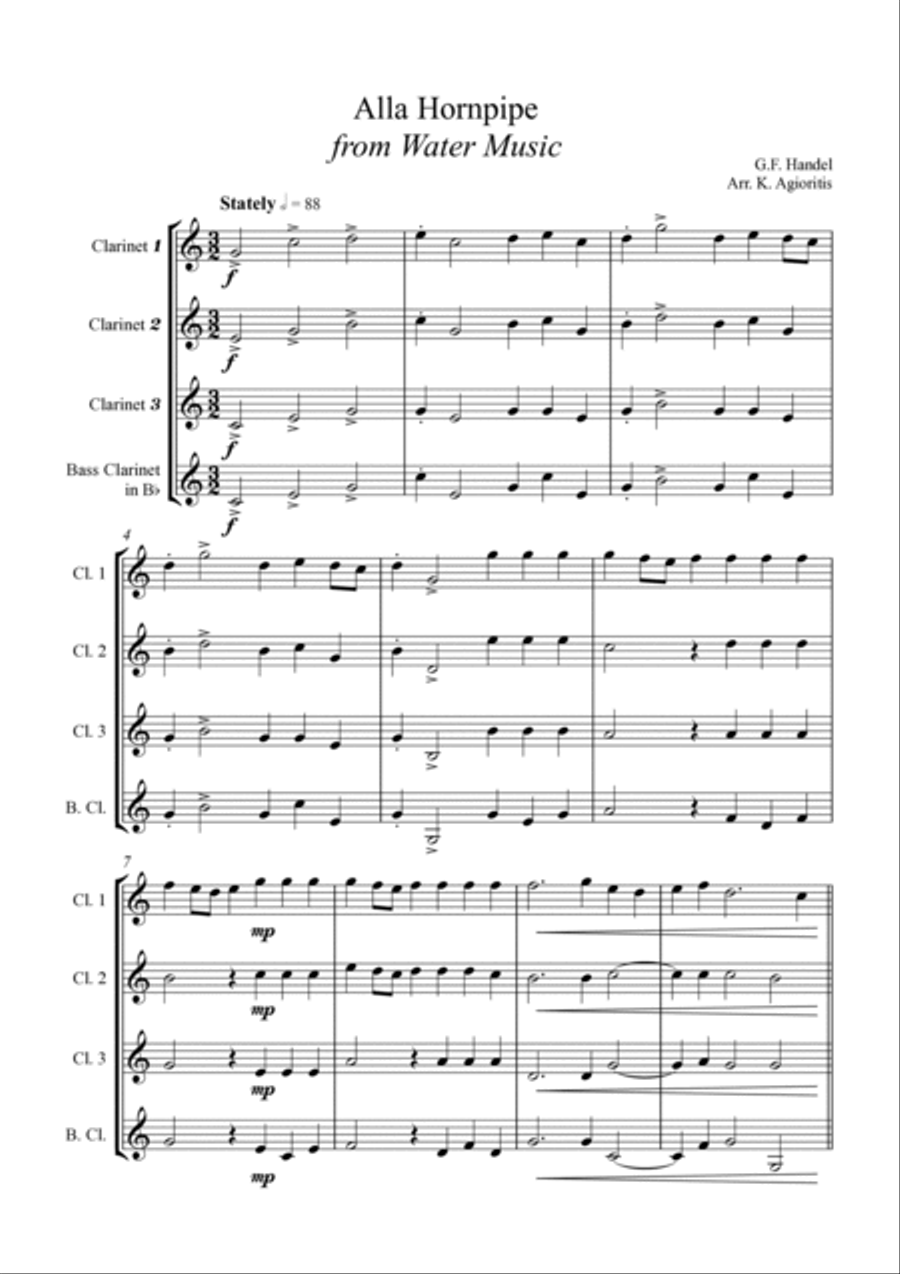 Alla Hornpipe from Handel's Water Music - for Clarinet Quartet Clarinet Quartet scores gallery preview page 2