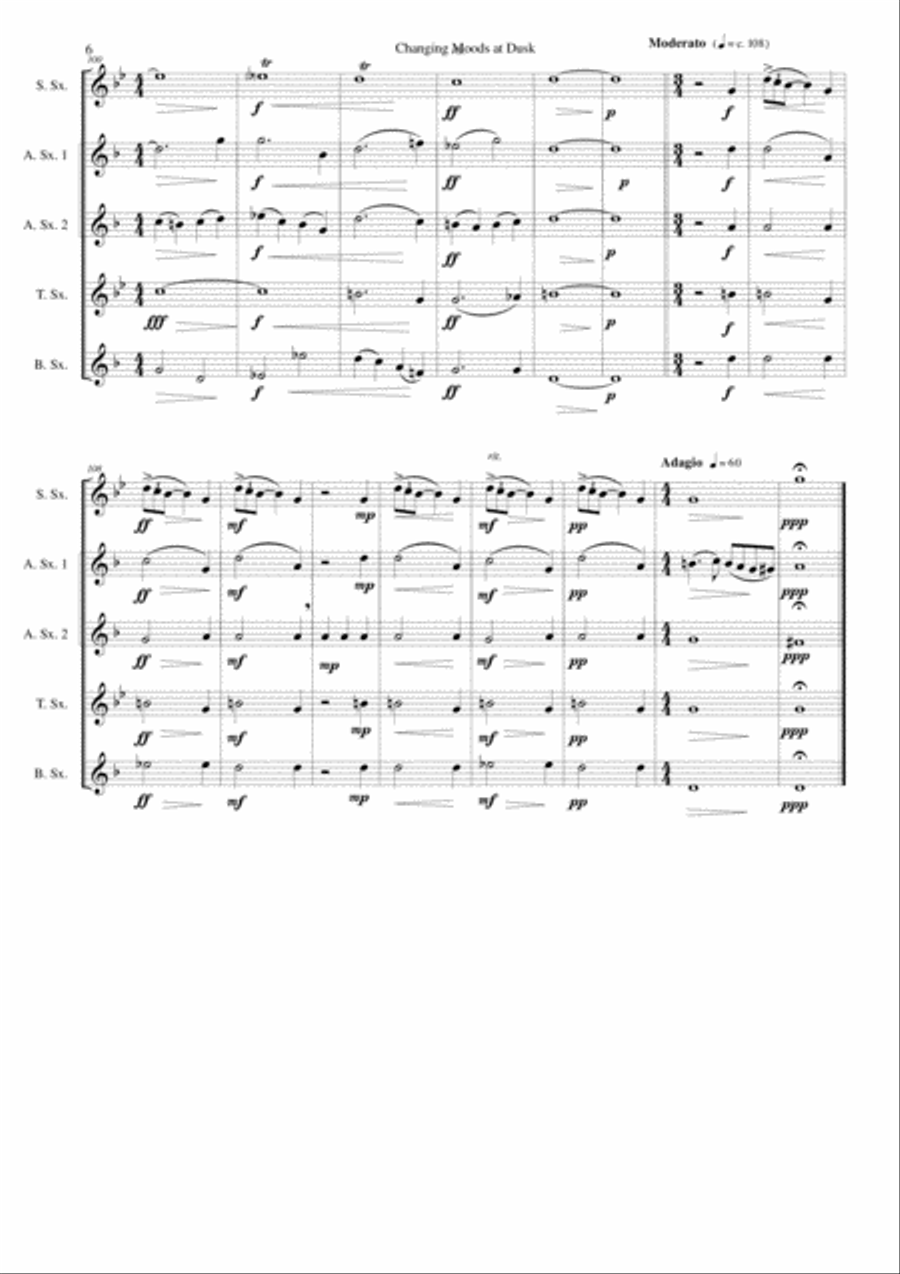 Changing moods at dusk for saxophone quintet (soprano, 2 altos, 1 tenor, 1 baritone) Saxophone Quintet scores gallery preview page 6