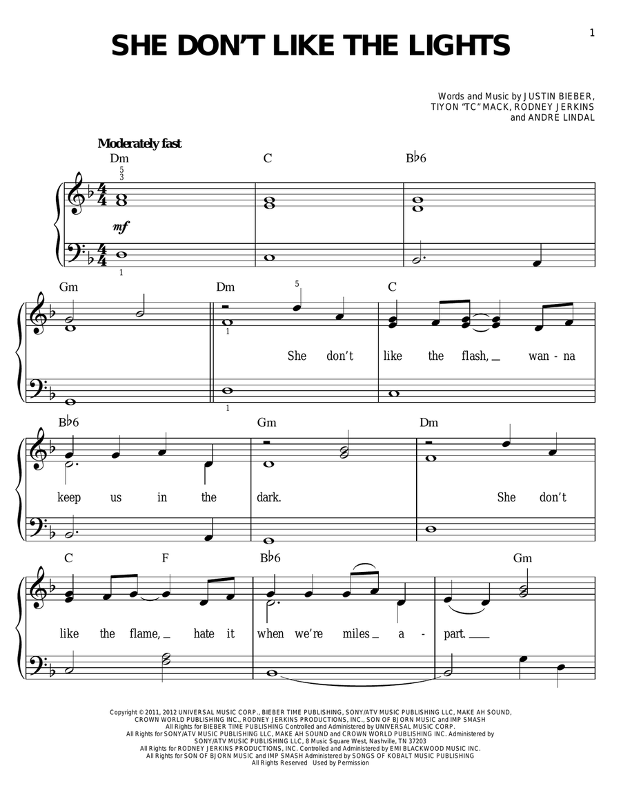 She Don't Like The Lights Easy Piano scores gallery preview page 1