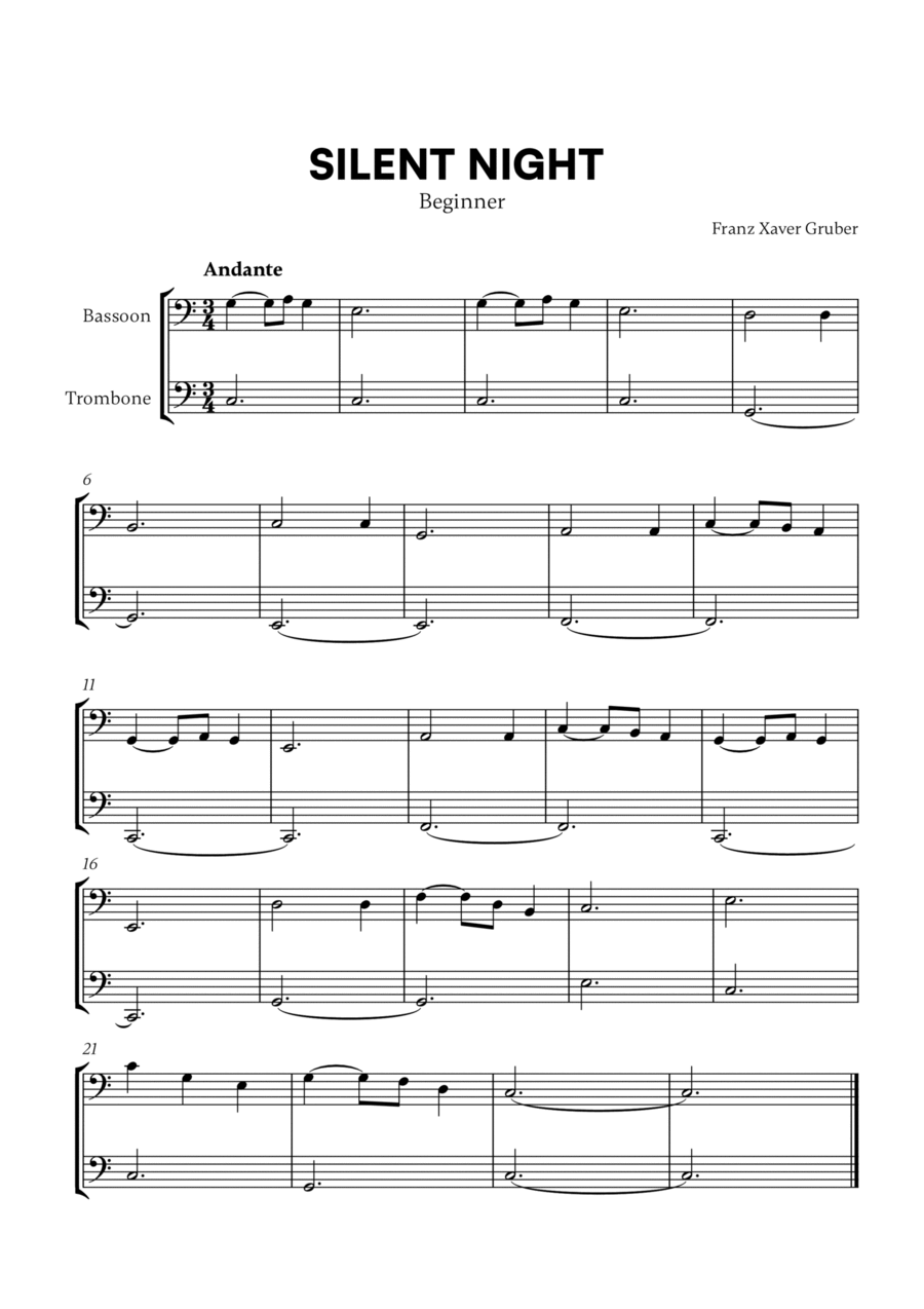 Franz Xaver Gruber - Silent Night (Beginner) (for Bassoon and Trombone) Trombone Duet scores gallery preview page 1