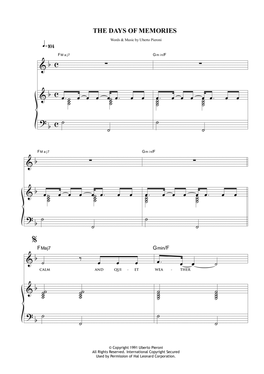 The days of memories Piano, Vocal, Guitar scores gallery preview page 1