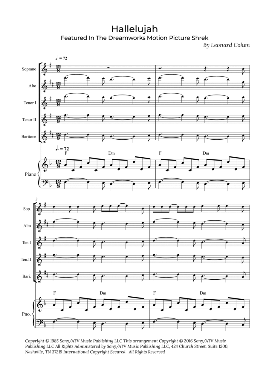 Hallelujah Saxophone Quintet scores gallery preview page 1