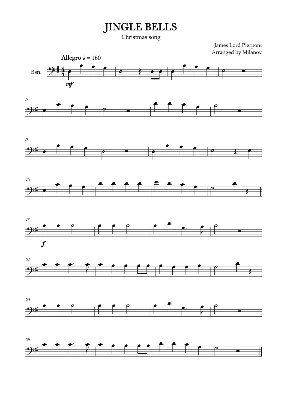 Book cover for Jingle Bells | Pierpont | Christmas song | bassoon | easy