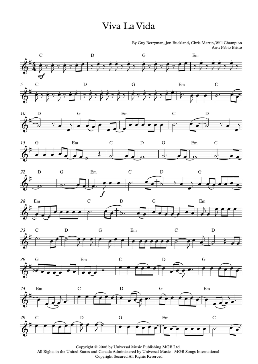 Viva La Vida Violin Solo scores gallery preview page 1