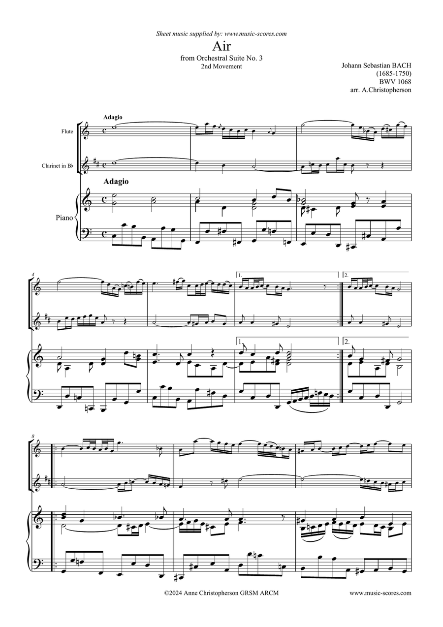 BWV 1068: Air 2nd Movement - Flute, Clarinet and Piano