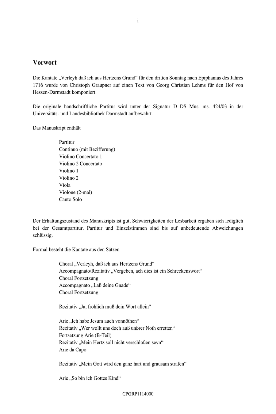 Graupner Christoph Cantata Verleyh daß ich aus Hertzens Grund GWV 1114/16 Small Ensemble scores gallery preview page 3