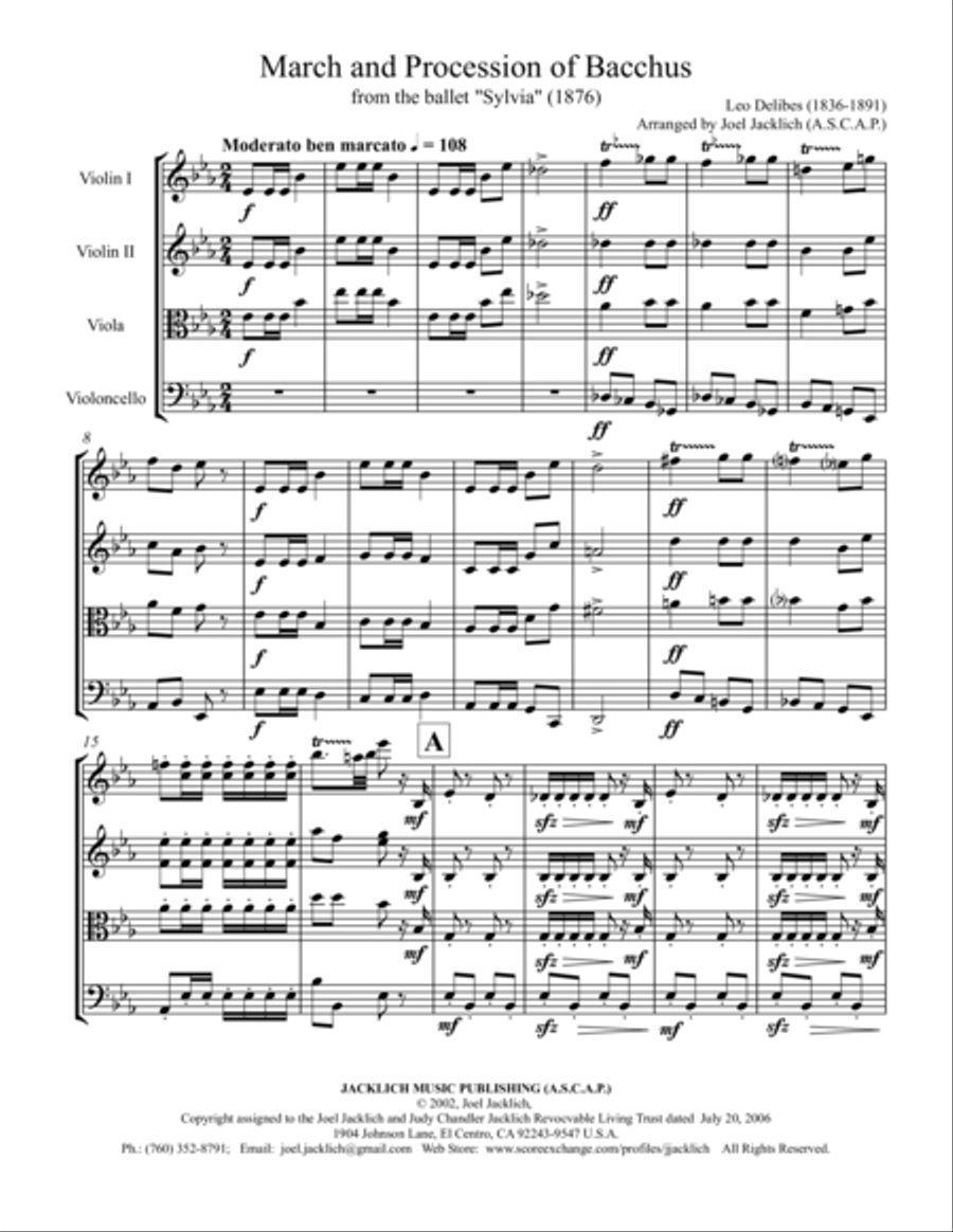March and Procession of Bacchus from the Ballet Sylvia (String Quartet) String Quartet scores gallery preview page 1