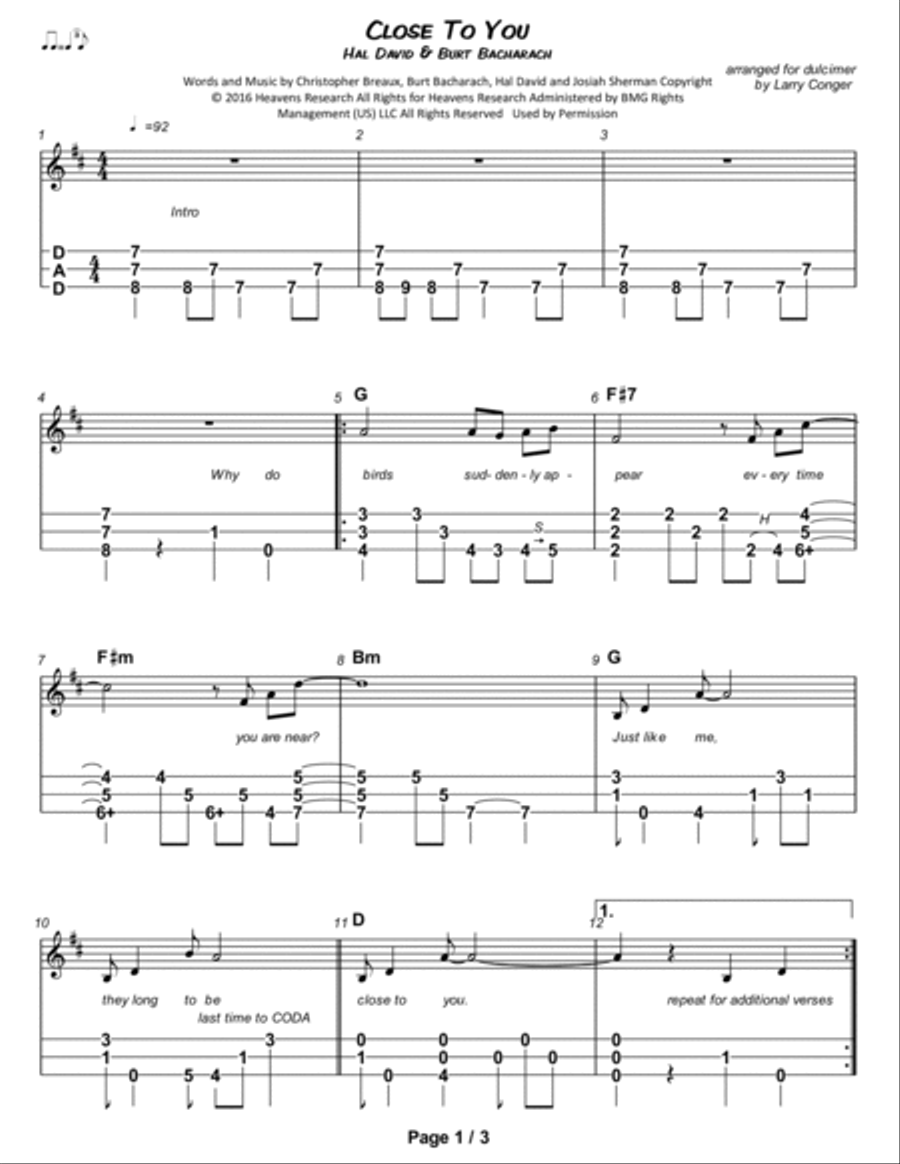 Close To You Dulcimer scores gallery preview page 2