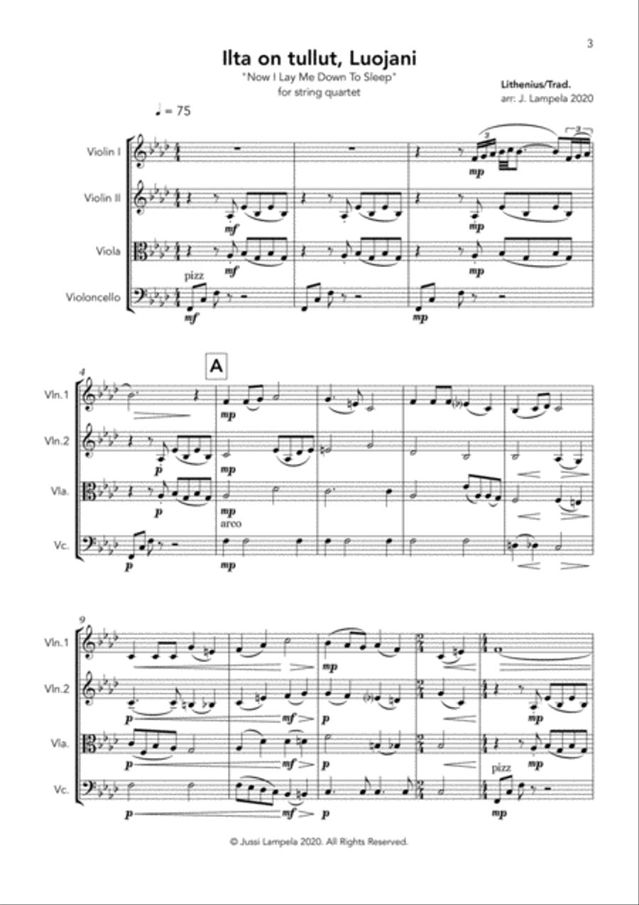 Ilta on tullut, Luojani - Now I Lay Me Down To Sleep String Quartet scores gallery preview page 3