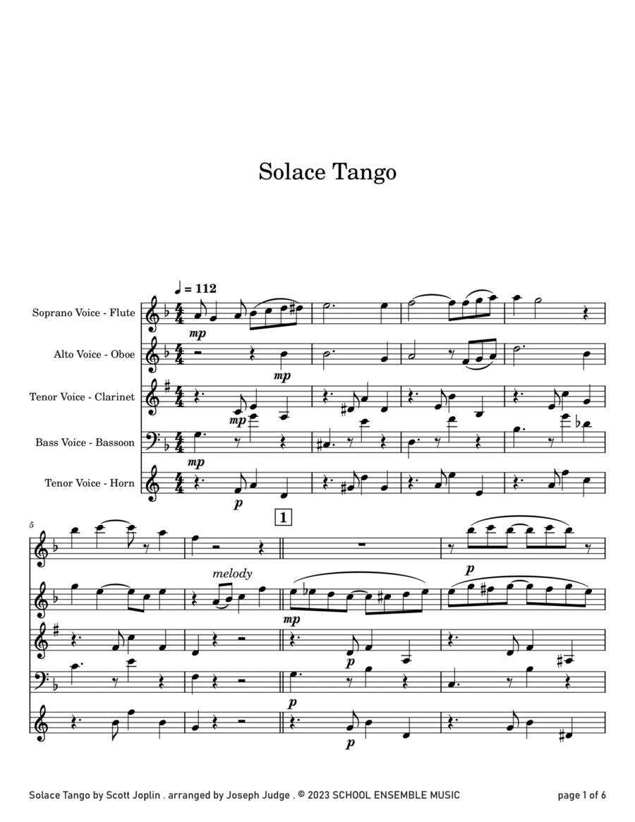 Solace Tango by Scott Joplin for Woodwind Quartet in Schools Woodwind Quartet scores gallery preview page 1