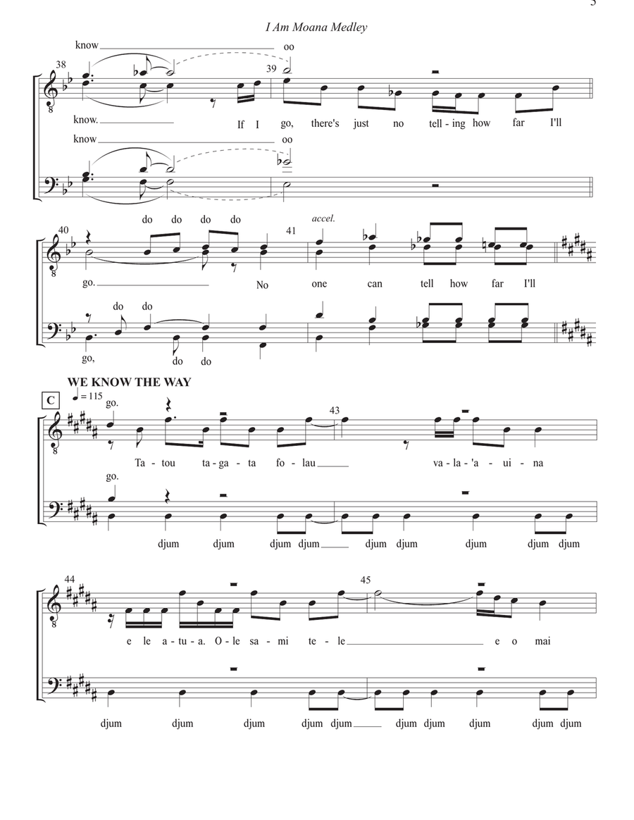 Medley: Tulou Tagaloa with How Far I'll Go, We Know The Way, I Am Moana (Song Of The Ancestors), ... 4-Part scores gallery preview page 5