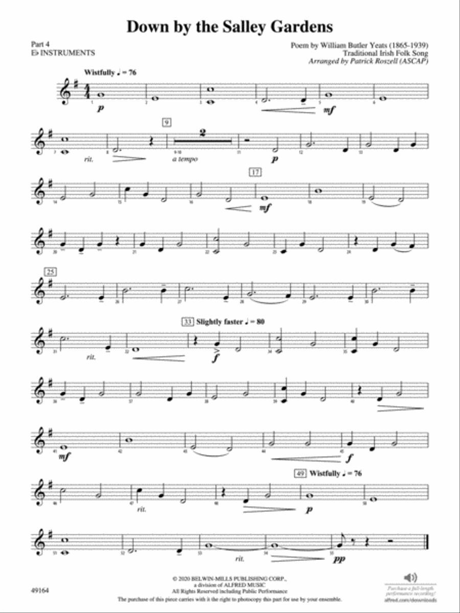 Down by the Salley Gardens: Part 4 - E-flat Instruments Concert Band scores gallery preview page 1