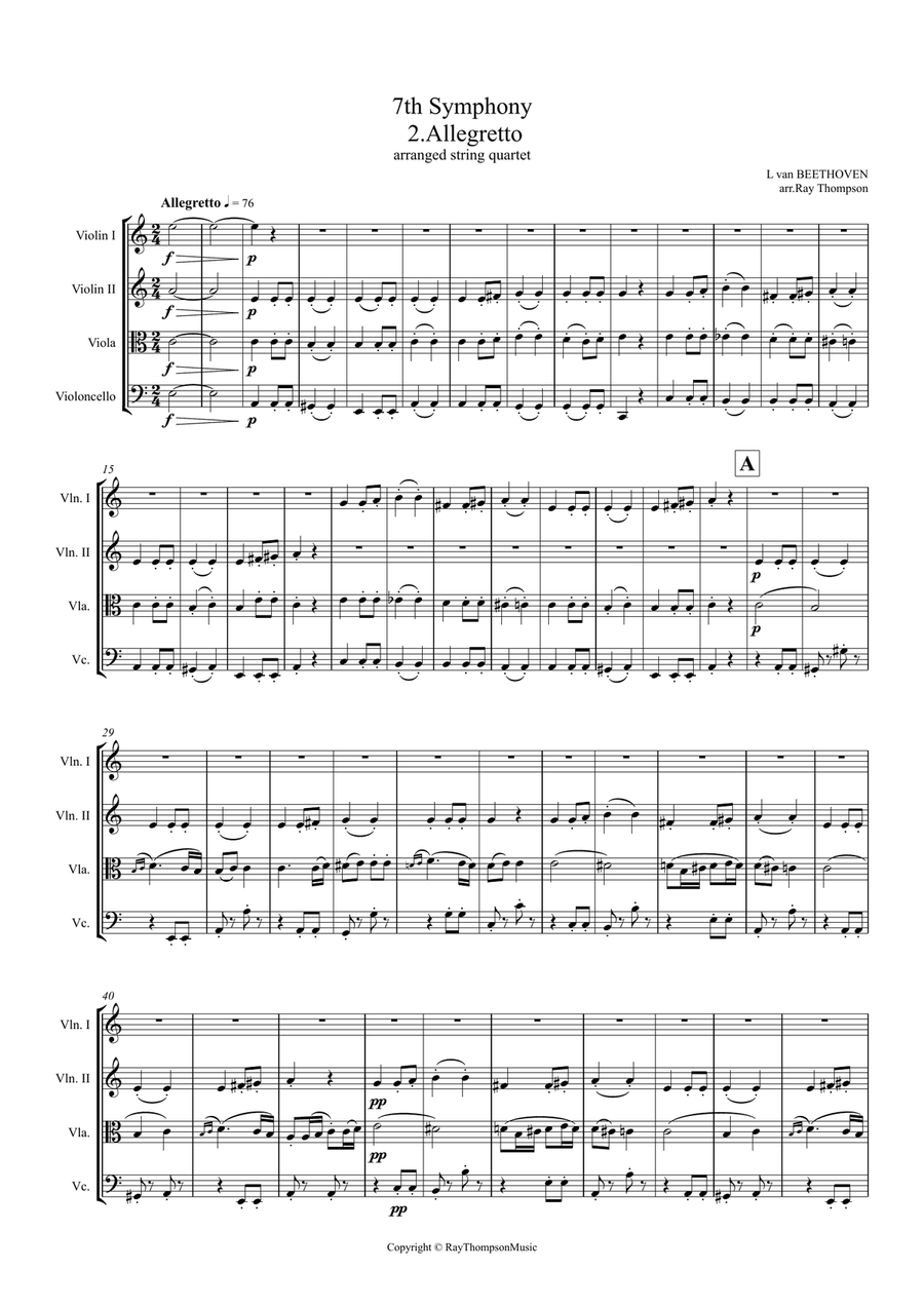 Beethoven: Symphony No.7 Op.92 Mvt.II Allegretto - string quartet String Quartet scores gallery preview page 2