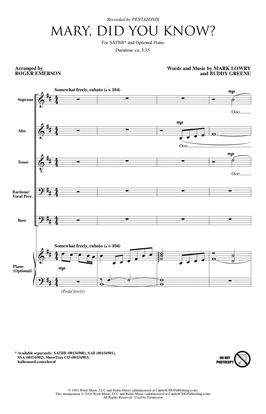 Mary, Did You Know? (arr. Roger Emerson) SATBarB scores gallery preview page 1