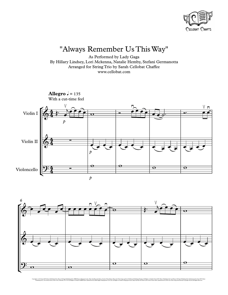 Always Remember Us This Way by Lady Gaga String Trio - Digital Sheet Music