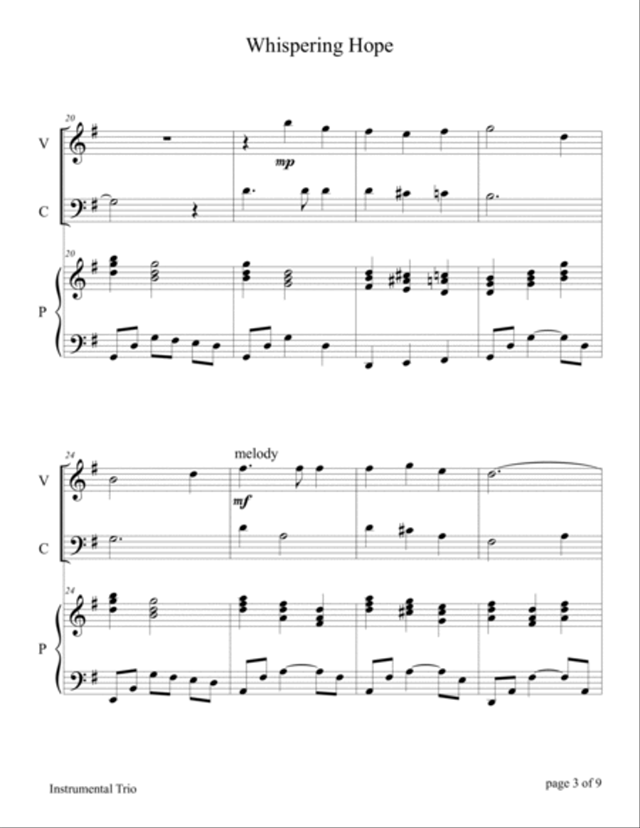 Whispering Hope (for Violin and Cello Duet with Piano Accompaniment) Piano Trio scores gallery preview page 6