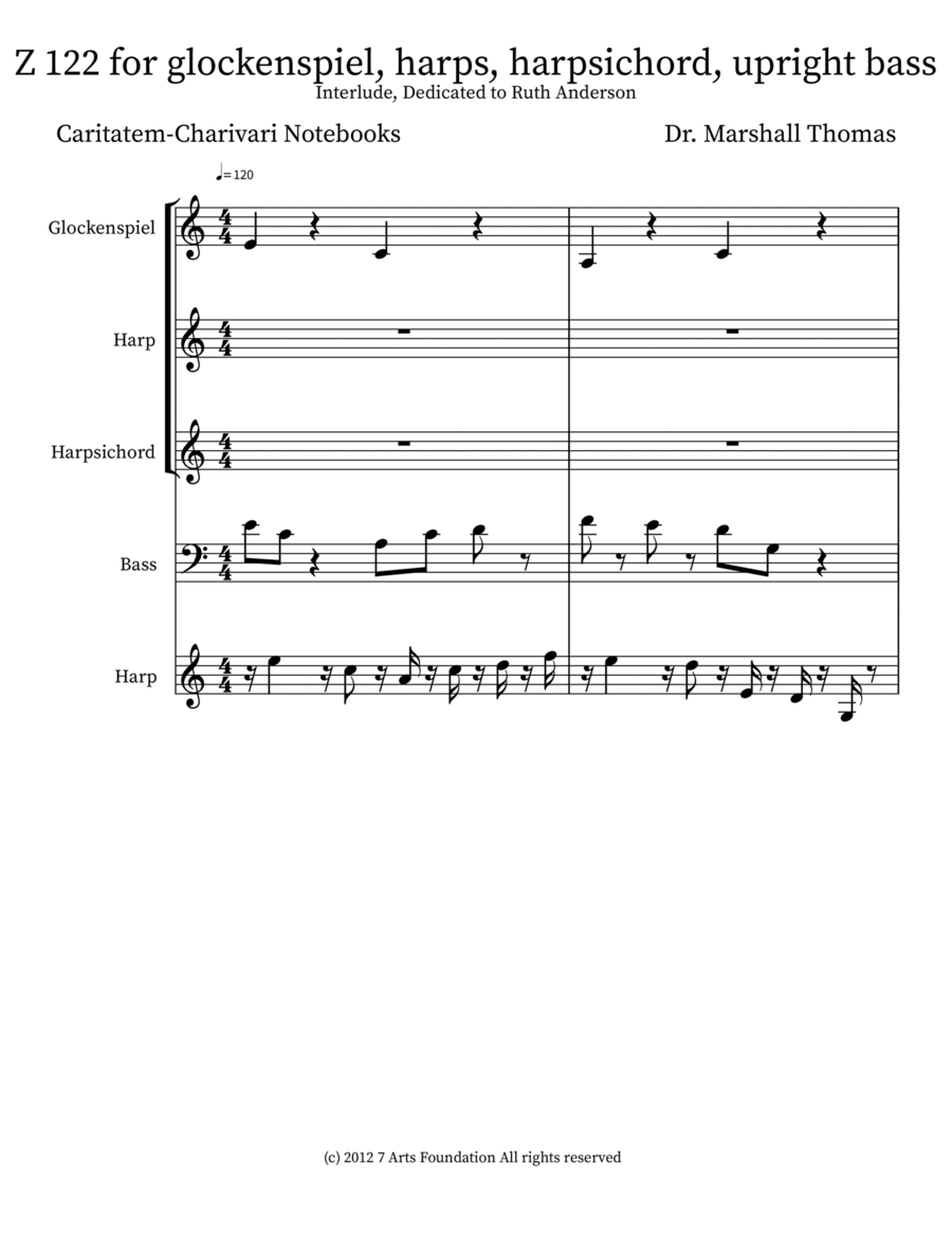 Z 122 for glockenspiel, harps, harpsichord, upright bass Double Bass scores gallery preview page 1