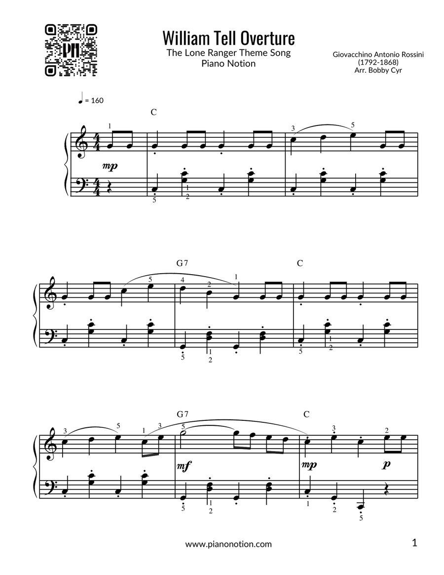 The Lone Ranger Theme Song - William Tell Overture (Piano Solo) Easy Piano scores gallery preview page 1