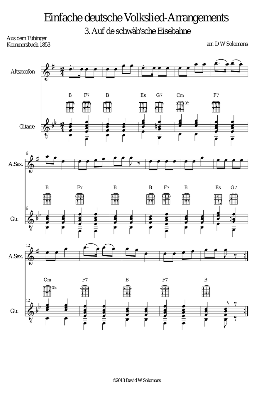 Railway Song (Auf de schwäb'sche Eisebahne) for alto-saxophone and guitar Saxophone scores gallery preview page 1