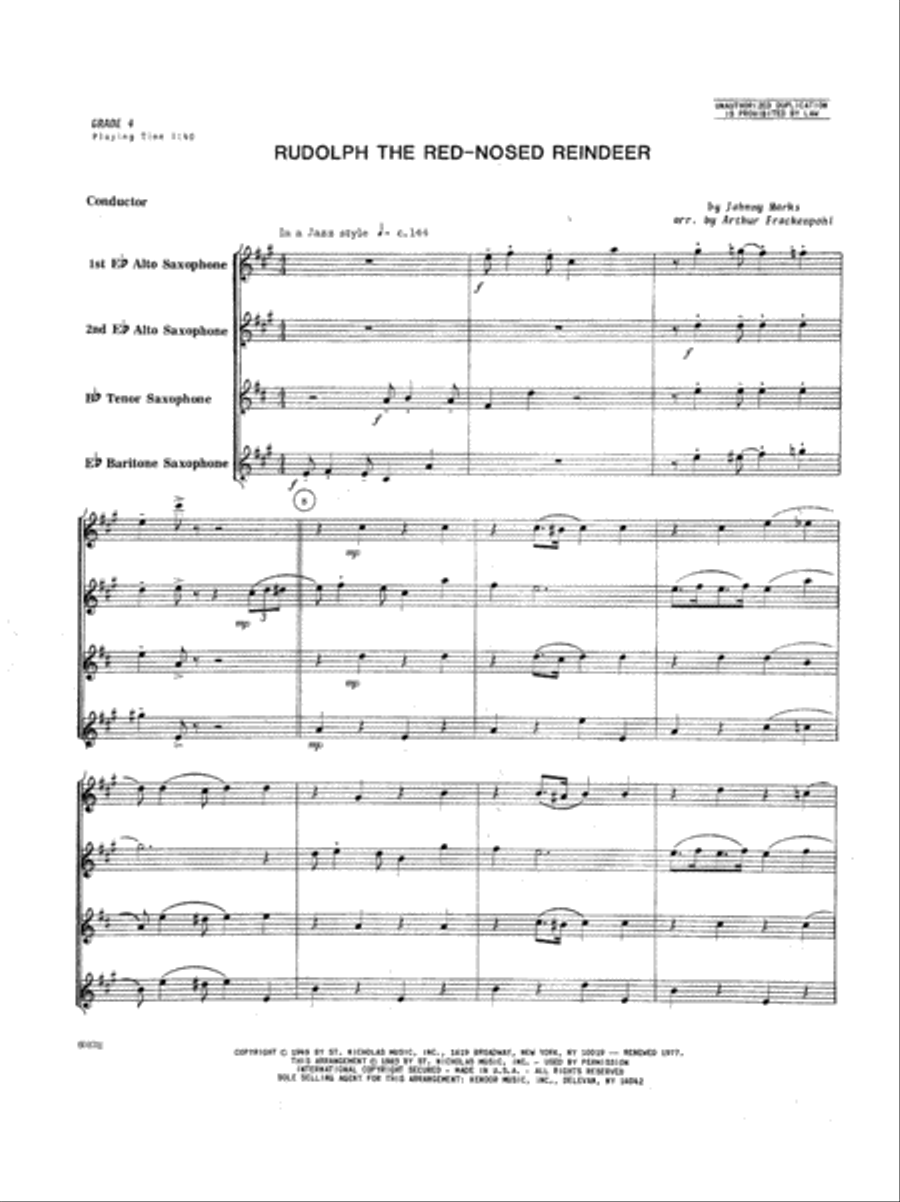 Rudolph The Red-Nosed Reindeer Saxophone Quartet scores gallery preview page 4