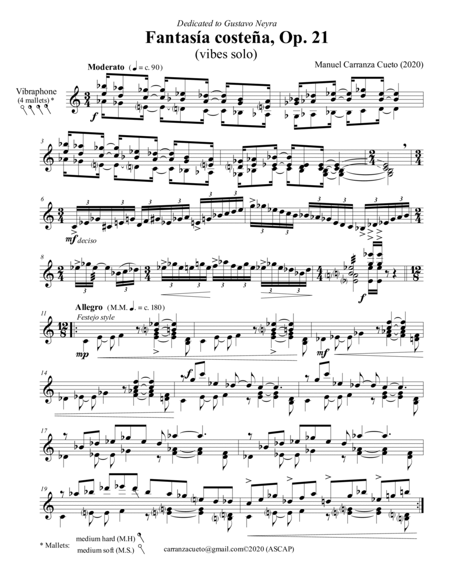 Fantasía Costeña, Op. 21 for vibes solo Vibraphone scores gallery preview page 1