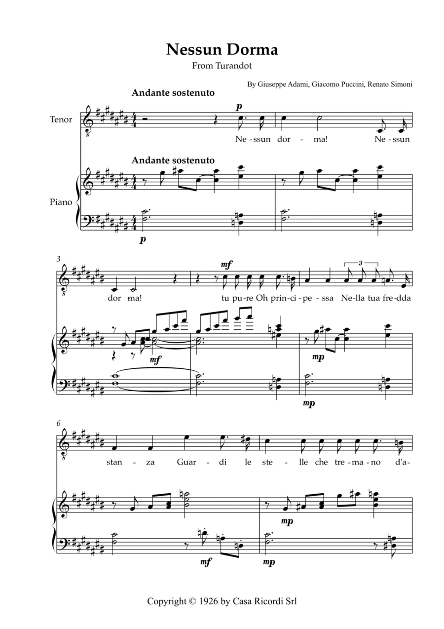 Nessun Dorma - Tenor & Piano Voice scores gallery preview page 1