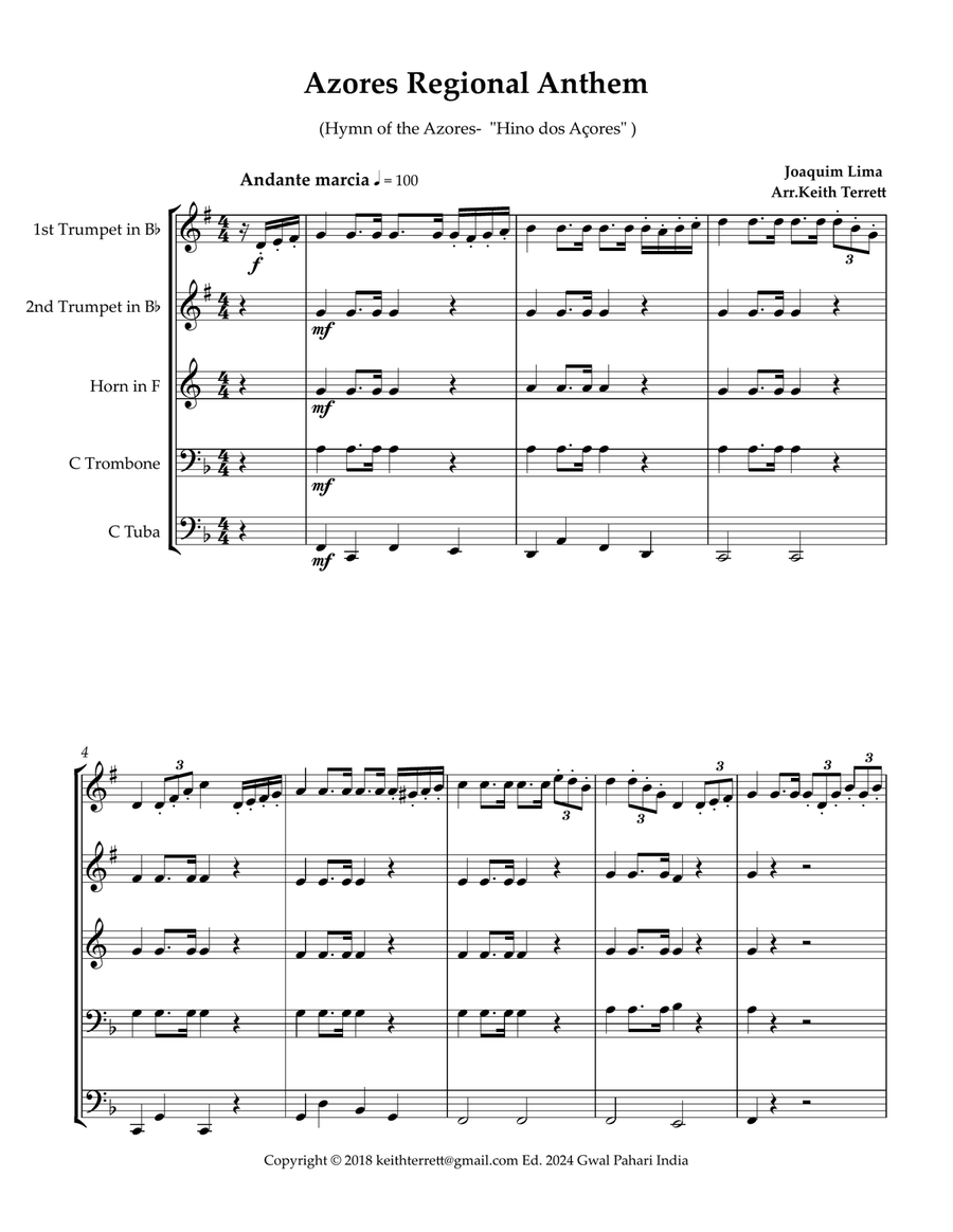 Azores Regional Anthem for Brass Quintet image number null