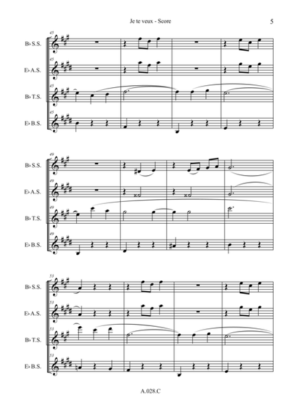 Je te veux, for Saxophone Quartet - Score & Parts