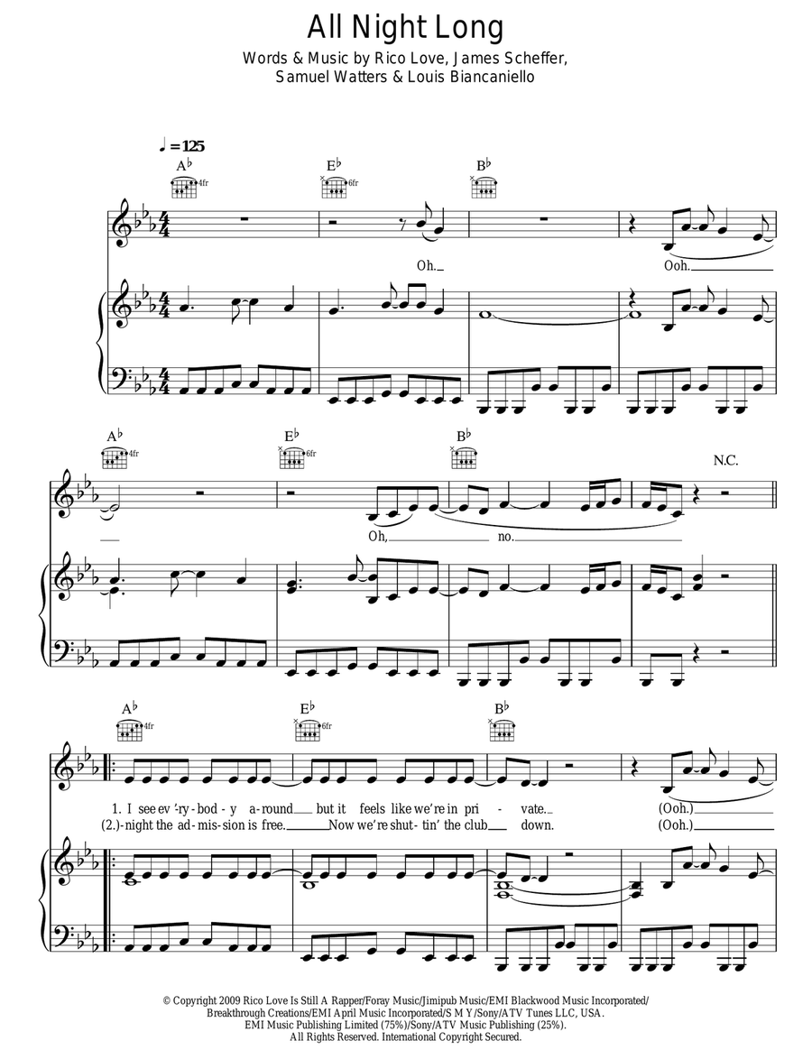 All Night Long All Night Long Piano, Vocal, Guitar scores gallery preview page 1