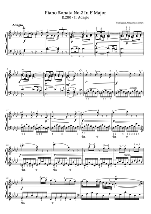 Mozart - Piano Sonata No.2 In F Major K.280 2nd Mov - Original With Fingered For Piano Solo