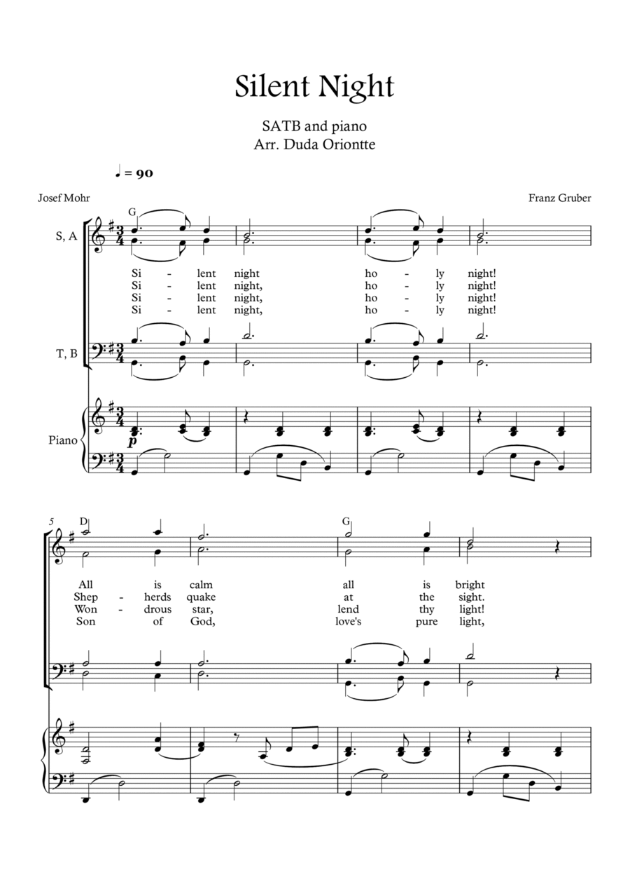 Silent Night (F major - SATB - with chords - with piano -two staff) 4-Part scores gallery preview page 1