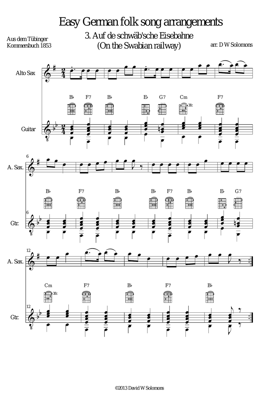 Railway Song (Auf de schwäb'sche Eisebahne) for alto-saxophone and guitar Saxophone scores gallery preview page 2