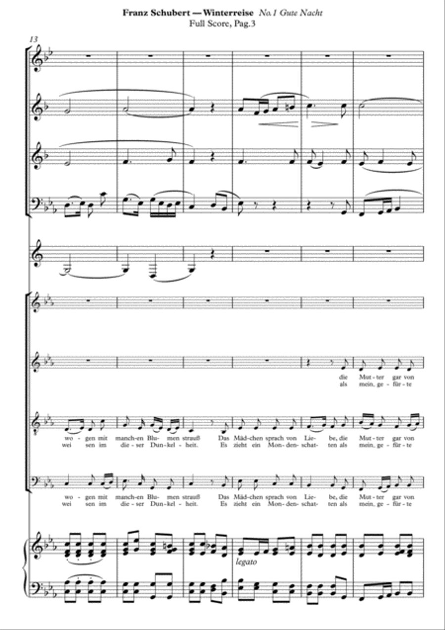 Schubert, Gute Nacht from Winterreise. Arranged for SATB and Piano with Wind-Instruments ad lib. Sco 4-Part scores gallery preview page 5