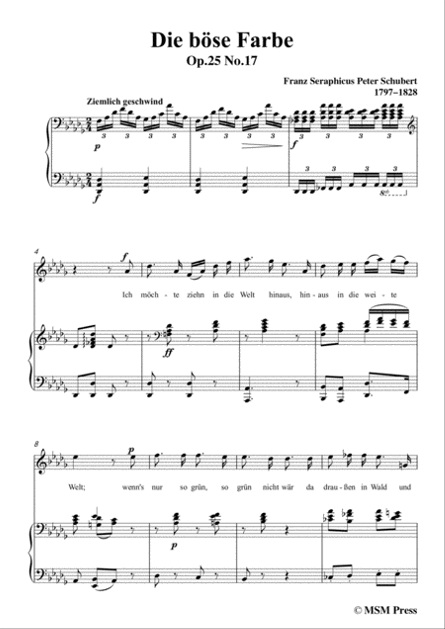 Schubert-Die böse Farbe,from 'Die Schöne Müllerin',Op.25 No.17,in D flat Major,for Voice&Piano Voice scores gallery preview page 3