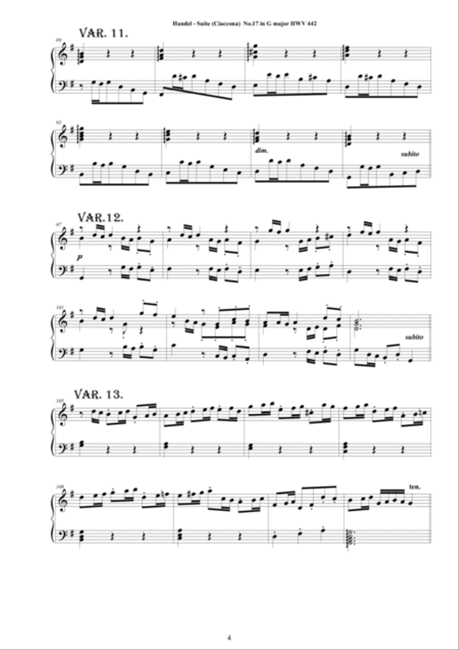 Handel - Piano Suite No.17 (Ciaccona with 62 variations) in G major HWV 442 Piano Solo scores gallery preview page 4