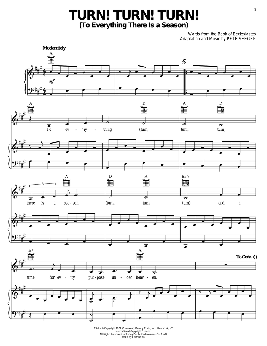Turn! Turn! Turn! (To Everything There Is A Season) Piano, Vocal, Guitar scores gallery preview page 1
