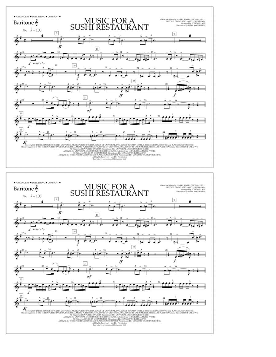 Music For A Sushi Restaurant (arr. Tom Wallace) - Baritone T.C. Marching Band scores gallery preview page 1