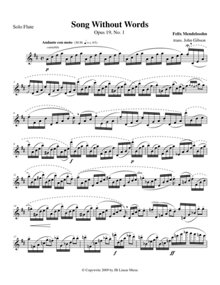 Mendelssohn Song Without Words Opus 19, #1 set for solo Flute
