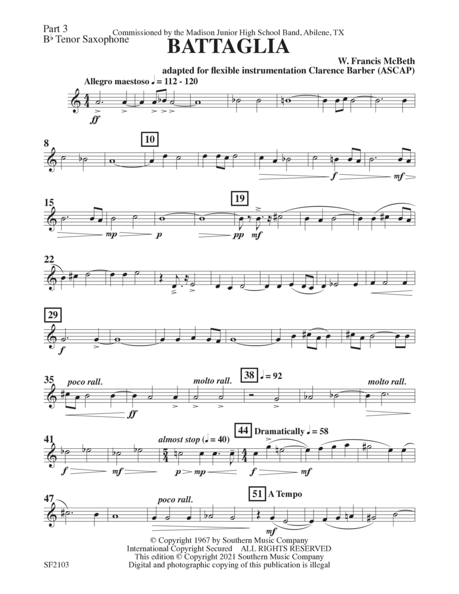Battaglia - Tenor Sax 3 Battaglia - Tenor Sax 3 Concert Band scores gallery preview page 1